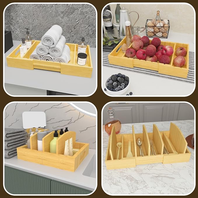 Lid Organizer for Cabinet – Bamboo Kitchen Storage for Plastic Lids, Adjustable Drawer Dividers, Food Container Organizer (Fits Cabinets & Drawers) (Extra Large)