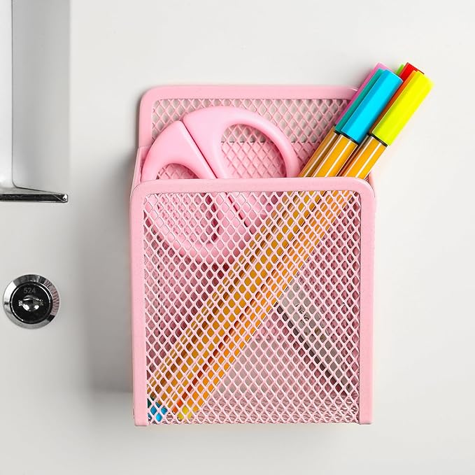 Magnetic Pencil Holder - Extra Strong Magnets Mesh Marker Holder Perfect for Whiteboard, Refrigerator and Locker Accessories (1 Baskets, Blush)