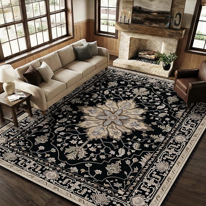RELEANY Area Rugs Large 9'x12' Washable Non-Slip, Floral Vintage Distress Medallion Carpet for Living Room Bedroom Dining Room, Black Brown Neutral Dark Tan