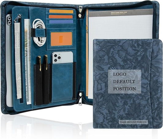 Free Engraved Name, Personalized Portfolio, PU Leather Resume Zippered Padfolio, Business Document Organizer Folder with A4 Notepad Holder, Custom Printing Gift for Woman/Men, Customized(Dark Blue)