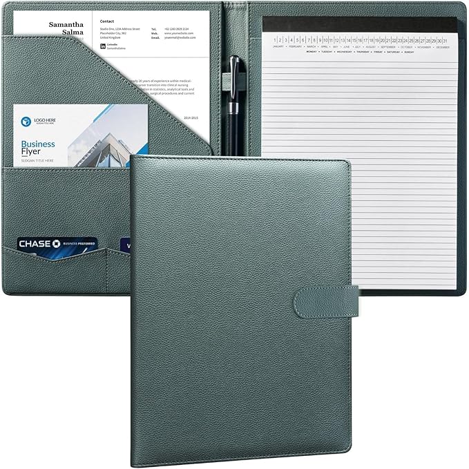 Mymazn Padfolio Portfolio Folder, Faux Leather Interview Resume Folder with Document Organizer & Business Card Holder, Letter-Sized Notepad Legal Pad Holder for Men Women (Grey Green)