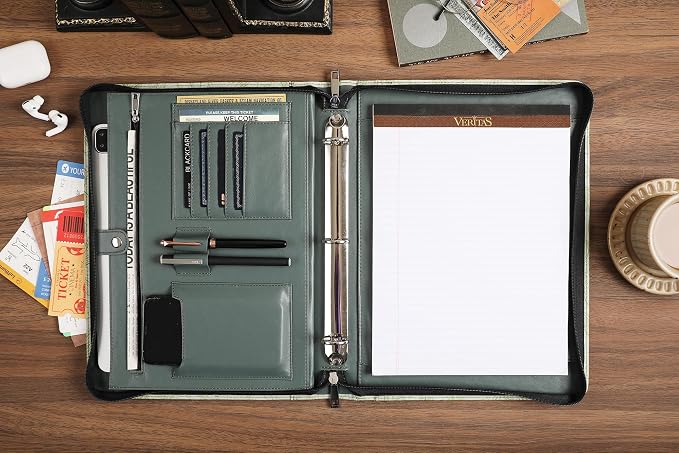 DUKE&COW Vegan Leather Portfolio Binder, Personalized 3 Ring Binder Padfolio for Women, Leather Binder, Handmade Portfolio Oranizer, Engraved Resume Portfolio Folder (Green Pattern, Custom)