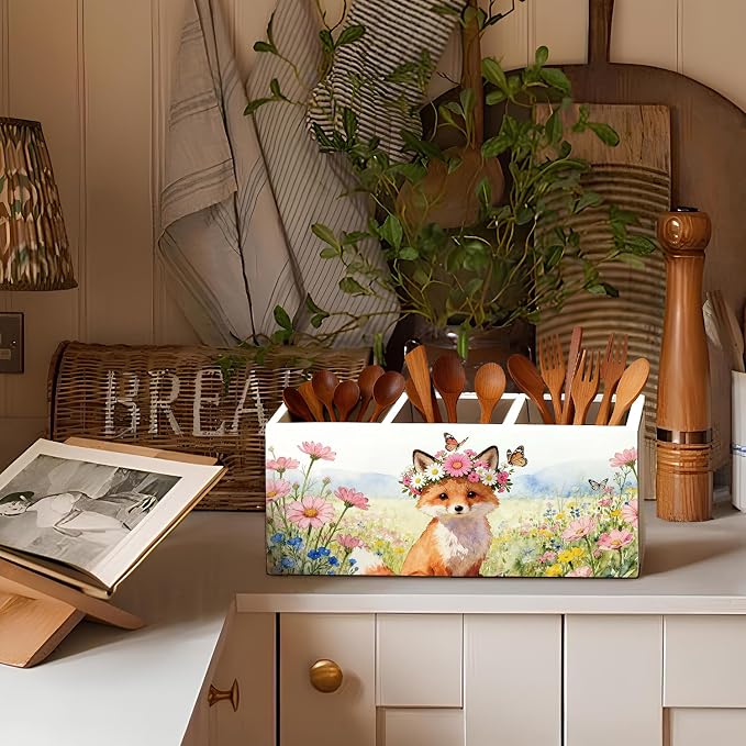 Fox Pen Pencil Holder for Desk Accessories, Fox Gifts for Women, Animal Lovers Gifts, Rustic Butterfly Flower Wild Animal Wooden Box Sign Decorations for Kids Room Home Office Desk Tabletop