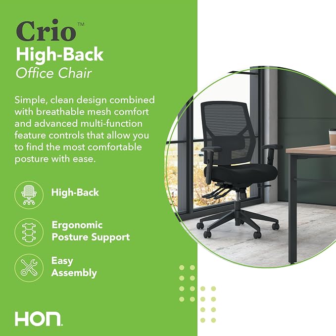 HON Crio Ergonomic Mesh Office Chair, High‑Back Desk Chair with Adjustable Arms, Lumbar Support, Asynchro‑Tilt Swivel Seating for Computer Desks and Home Office, Black Frame, Black
