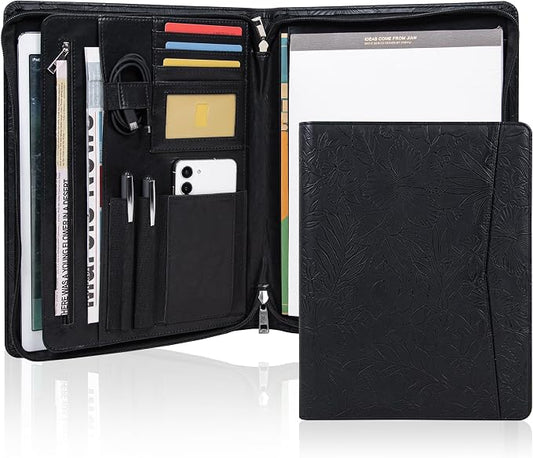 AZXCG Leather Portfolio with Zipper, Embossed PU Leather Padfolio Folio, Professional Business Document Organizer with A4 Letter Sized Writing Pad Holder(Black)