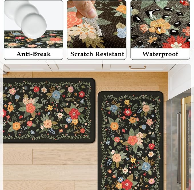 KIMODE Kitchen Mats Cushioned Anti Fatigue,Black Floral Kitchen Rugs Set | Padded Kitchen Floor Mats Non Slip,Comfort Kitchen Rugs Sets of 2,Foam Standing Mats for Bath Laundry Office 17"x47"+17"x29"