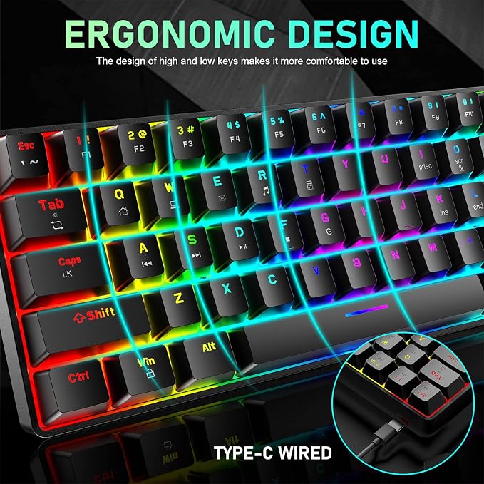 65% Wired Gaming Mechanical Keyboard and Mouse Combo, Mini 68 Keys, RGB Backlight, Lightweight RGB Optical Mouse,Mouse Pad Compatible with PS4,Xbox,PC,Laptop,MAC (Black/Blue Switch)