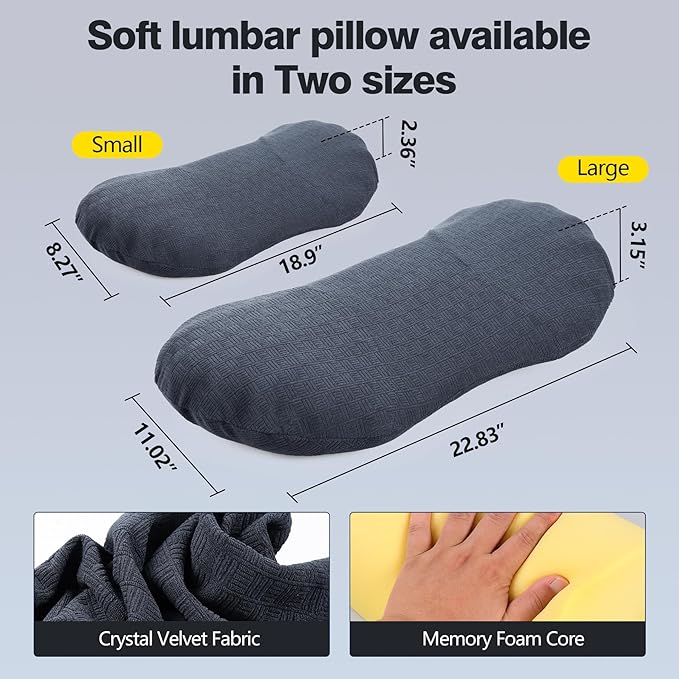 COMFYTHERA Lumbar Support Pillow for Sleeping Memory Foam Lumbar Support Cushion for Lower Back Pain Relief, Back Support Bed Pillow Waist Support (Dark Grey, Large)