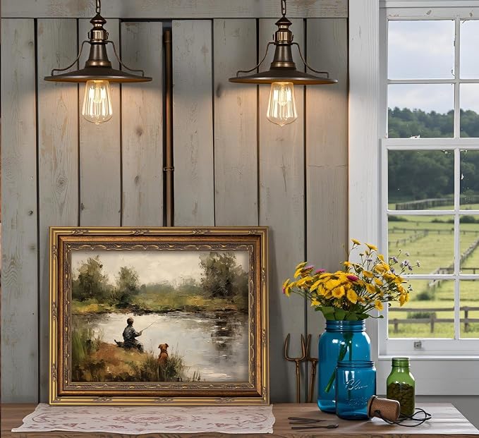 Vintage Gold Framed Wall Art Boy Fishing Country Oil Painting Canvas Prints Peaceful Lake Landscape with Dog Picture Rustic Farmhouse Poster Artwork for Nursery Living Room Bedroom, 9x11in