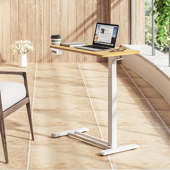 SANODESK 28''Mobile Standing Desk with Hidden Wheels,Pneumatic Laptop Desk | Sofa Computer Cart Movable Height Adjustable Table Small Sit Stand Desk for Home Office Hospital Use,27.6" W x 15.7" D,Maple