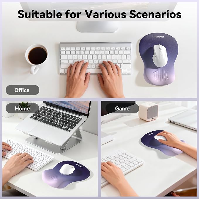 TECKNET Ergonomic Mouse Pad with Wrist Rest, Memory Foam Mousepad with Wrist Support, Smooth Surface, Middle Concave & Non-Slip Base for Laptop/PC, Pain Relief for Home Office Gaming, Gradient Blue