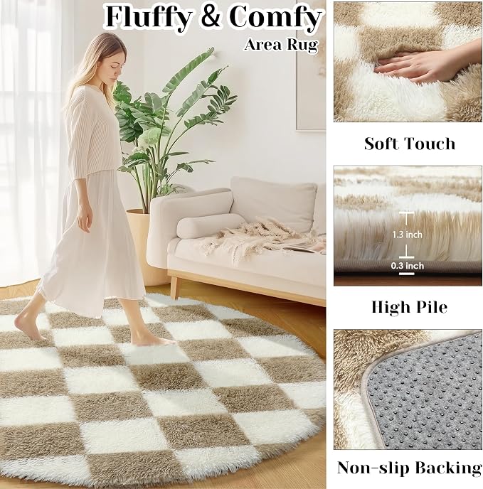 KICMOR Round Rugs 6ft Beige and Cream White Circle Area Rug, Fluffy Soft Fuzzy Shag Shaggy Bedroom Living Room Carpet, Indoor Checkered Circular Rug for Kids Boys Girls Home Decor Aesthetic, Nursery