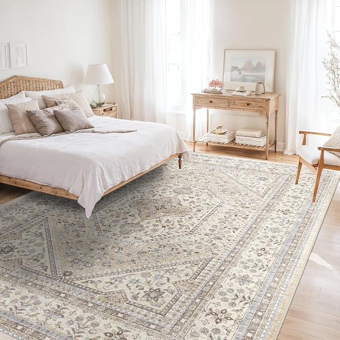 Washable 7x9 Area Rugs for Living Room: Soft Bedroom Rug Non Slip Rugs with Rubber Backing Ultra Thin Low Pile Carpet for Dinging Room Home Office Decor Beige/Gray