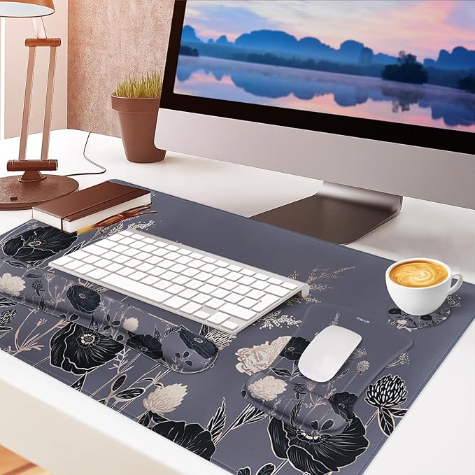 MOSISO Keyboard Mouse Pad Set, Large Gaming Mouse Pad&Keyboard Wrist Rest&Mouse Wrist Rest&Coaster, Ergonomic Non-Slip Retro Flower Floral Mousepad with Raised Memory Foam for Home Office, Gray
