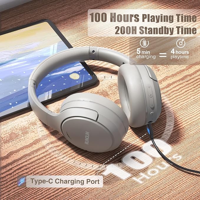 RUNOLIM Hybrid Active Noise Cancelling Headphones, 100H Playtime, Built-in Microphone, Bluetooth Wireless Over Ear Foldable Headphones with HiFi Audio, Home Travel Office