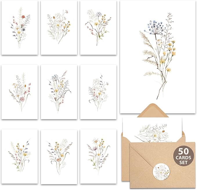 AUDREE 50 Pack Blank Cards with Envelopes 4"x6" - Watercolor Wildflower Greeting Cards with Matching Stickers - Blank Note Cards for All Occasions