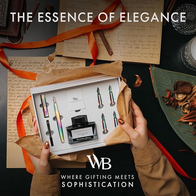 Wordsworth & Black Fountain Pen Gift Set, Includes Ink Bottle, 6 Ink Cartridges, A Refill Converter, 4 Replacement Nibs, Journaling, Calligraphy, Smooth Writing Pens [Rainbow]