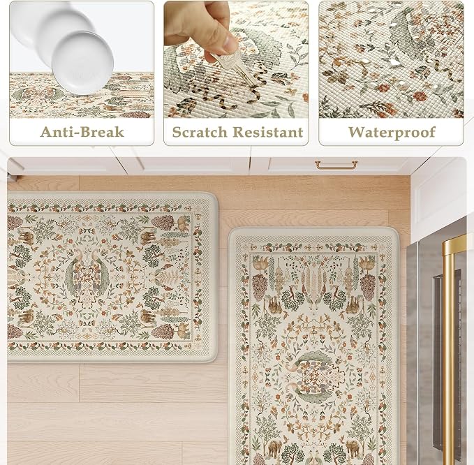 KIMODE Anti Fatigue Kitchen Mats 17"x47"+17"x29", Vibrant Floral Kitchen Rugs Sets of 2, Cushioned Non Skid Kitchen Mats for Floor, Comfort Kitchen Floor Mats for Sink Laundry Desk Beige