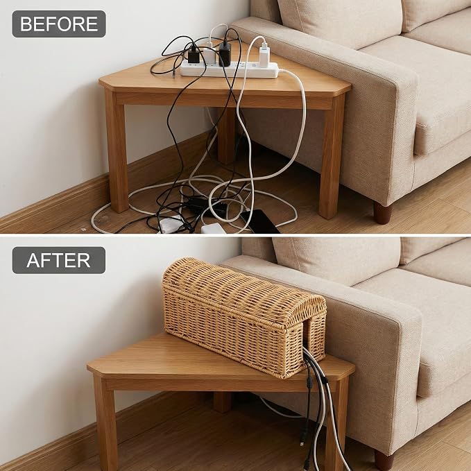 Rattan Cable Management Box, Ventilated Cord Hider with Flip Lid | Hand Woven Craft, Ventilated Heat Dissipation, Easy Access Protective Curved Flip Lid, Boho Woven Decor for Home and Office