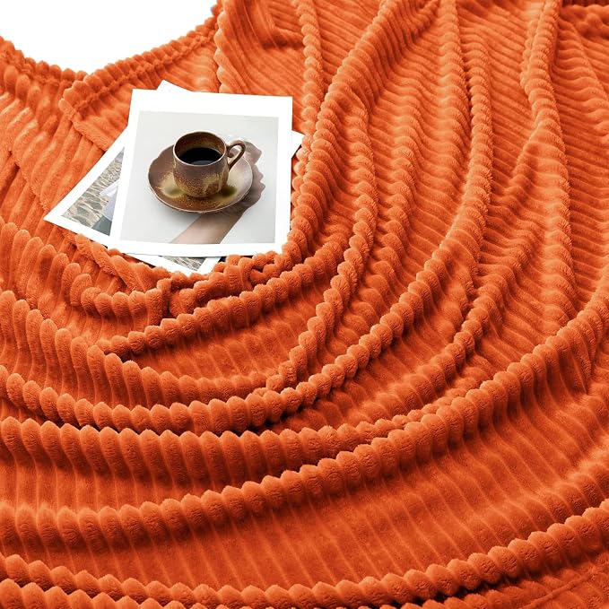Vessia Flannel Fleece Orange Throw Blanket for Couch, Lightweight Warm Cozy Soft Striped Bed Throw for Adults and Kids, Microfiber Ribbed Sofa Blanket for All Season