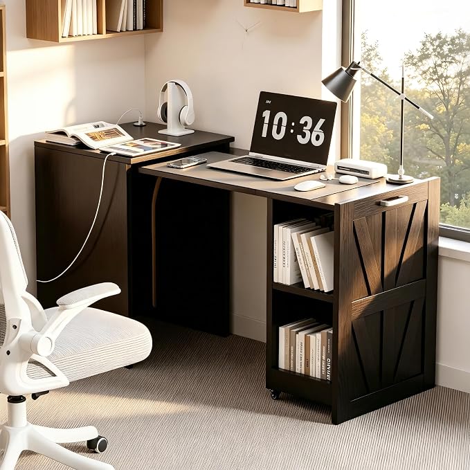 Folding Desk with Storage and Charging Station, Pull-Out Desk Cabinet with Spacious Desktop, Foldable Computer Table for Small Space, Black Oak