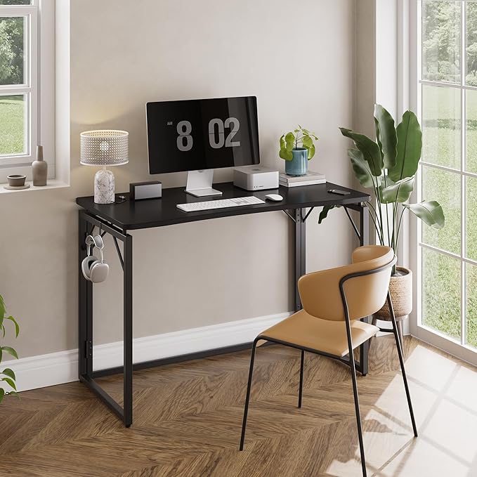 JOYMOOP Black 47.2" Folding Desk, No Assembly Small Foldable Desk for Home, Office, Wooden Top Folding Computer Desk for Working, Writing, Studying - Large Size