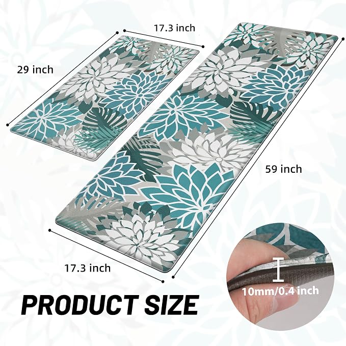 Arenarug Kitchen Mats for Floor 2PCS Cushioned Anti Fatigue Kitchen Mats Waterproof Non Slip Kitchen Mat Rug Set Comfort Foam Standing Mat for Sink, Laundry, Office,17.3" x 28" + 17.3" x 59", Teal
