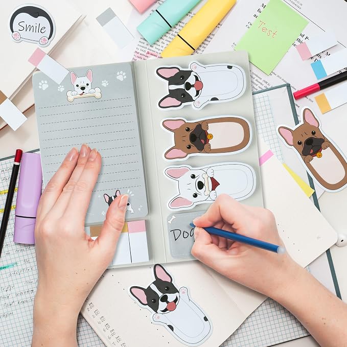 Xqumoi I Just Really Like French Bulldog Sticky Notes Set, 550 Sheets, Cartoon Bulldog Self-Stick Notes Pads Animal Divider Tabs Bundle Writing Memo Pads Page Marker Back to School Office Supplies