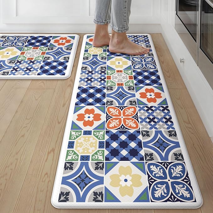 GENIMO Anti Fatigue Kitchen Mats for Floor, Cushioned Non Slip Kitchen Rug, Waterproof Kitchen Floor Mat Runner, Kitchen Mat for Laundry, Sink, Office, Entryway, 17.3"x59"+17.3"x30", Blue
