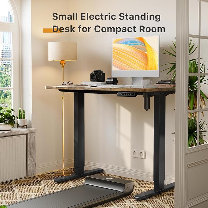 JOY worker Electric Small Stand Up Desk, 35" Whole Piece Height Adjustable | 35" x 20" Rustic Brown Compact Sit Stand Desk with Memory Controller, Narrow Computer Workstation for Home Office Walking Pad