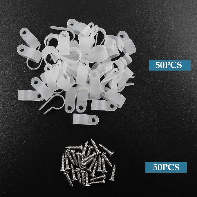 1/2 Inch R-Type Clip Clamp, 50 Pcs | Nylon P-Type Mounting Clips, Cable Clip Wire Clamp, Wire Management, Stainless Steel Screws Included