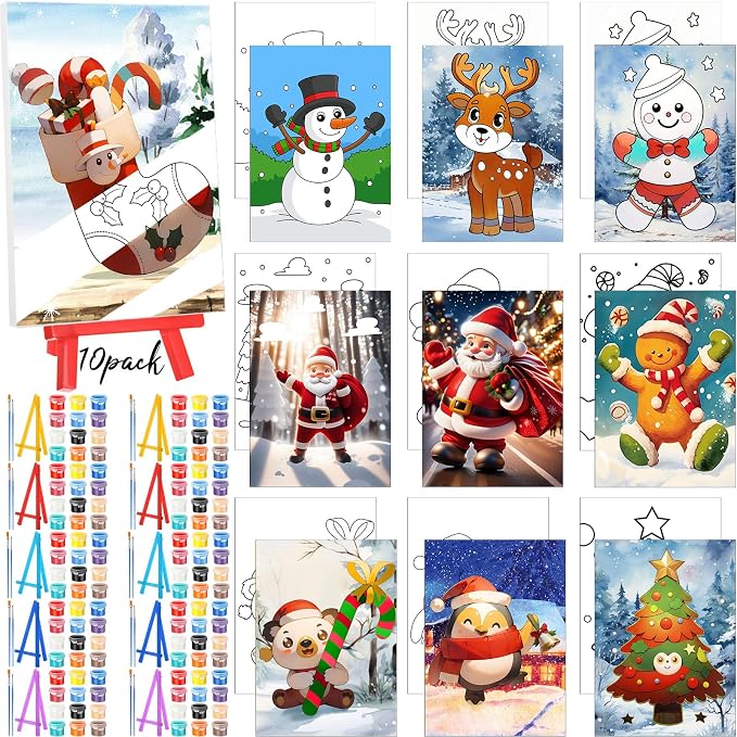 Blosssound 10 Set Pre Printed Canvas Pre Drawn Canvas Painting with Easel Kits 5" x 7" Outline Painting Panels for Beginners, DIY Craft Project, Party Favor, Home Decors(Gingerbread)