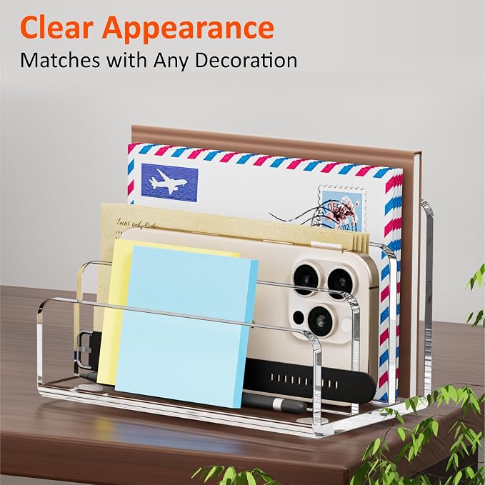 FUCDTEFC Mail Organizer Countertop, 3 Section Clear Acrylic Small File Holders Letter Organizer for Desk, Modern Filing Accessories for Document, Office, Home, School | Vertical, Envelope, Lightweight, Countertop, Bill Holding, Sorter, Letter Invoice, ...