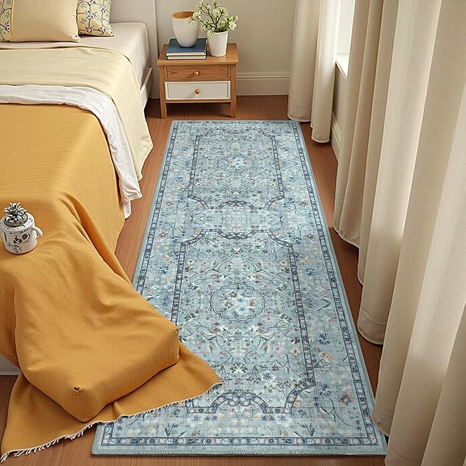 Vasofe 2x6 Area Rug for Bedroom, Ruuner Rugs for Entryway, Kitchen, Hallway, Non-Slip Washable Carpet Soft Low Pile Vintage Floral Blue Mat Front Door Mats for Indoor Laundry Bathroom