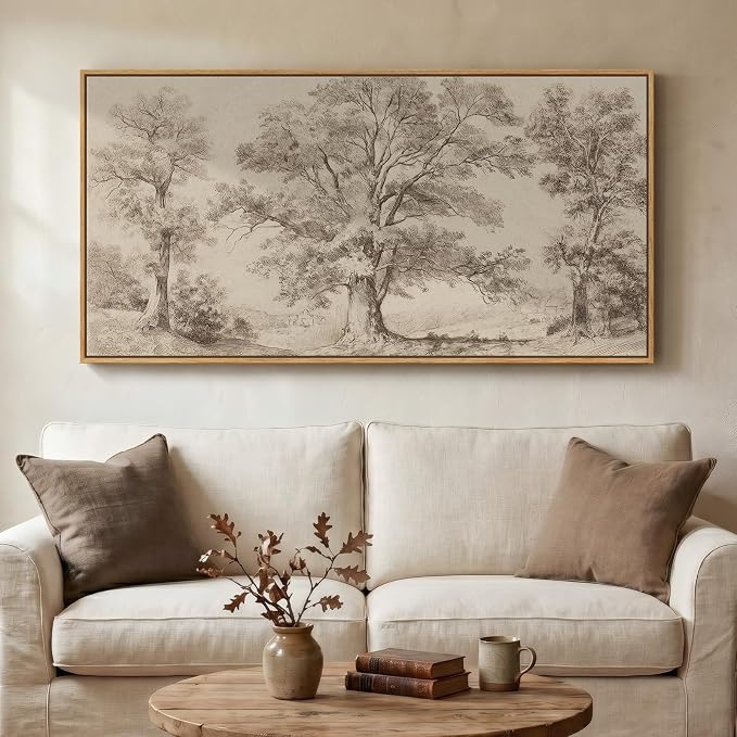 Framed Vintage Landscape Wall Art for Living Room, Large Horizontal Neutral Canvas Artwork for Walls, Tree Pictures Prints Paintings for Bedroom Dining Room Wall Decor, 24x48 Inch