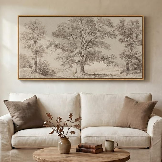 Framed Vintage Landscape Wall Art for Living Room, Large Horizontal Neutral Canvas Artwork for Walls, Tree Pictures Prints Paintings for Bedroom Dining Room Wall Decor, 24x48 Inch