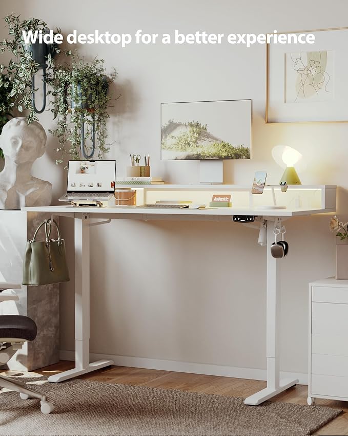 Agilestic 55 x 24 Inch Electric Standing Desk with Shelf, Height Adjustable Desk with Power Outlets & LED, Sit Stand Up Table with Monitor Stand, Computer Workstation, White