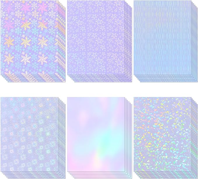 36 Sheets Holographic Laminate Sheets 8.5x11 Inch Self Adhesive 6 Patterns | Transparent Holographic Vinyl Laminate Film Waterproof Overlay Lamination for Sticker Paper, Photos, Crafts, Scrapbooking
