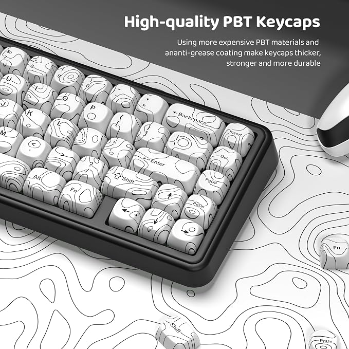 dagaladoo White Topographic Keycap Set, MOA Profile PBT Key caps 60 75 100 Percent,Dye-Sub 129-key Custom Keyboard Keycap for 100% 75% 65% 60% TKL US Layout Mechanical Keyboard