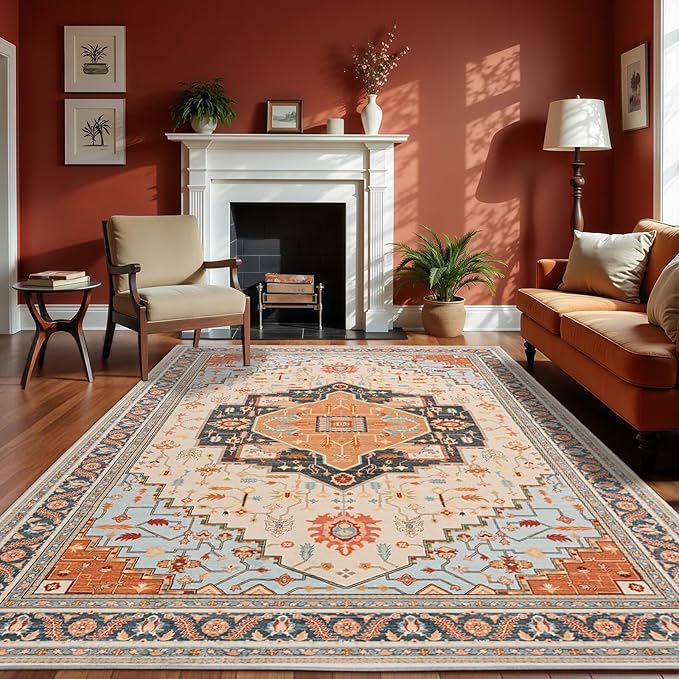 Macgace 6x9 Orange Beige Area Rug for Living Room, Machine Washable Rugs with Non-Slip Backing for Bedroom, Vintage Medallion Carpet Dining Room Office Kids Room Decor