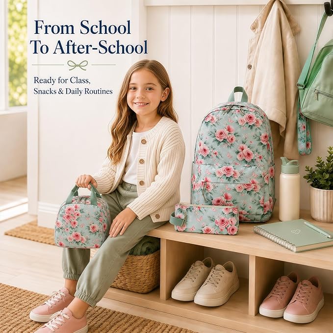 Bluboon Teens Backpack Set Girls School Backpack Lunch Box Pencil Bags Student Bookbags 3 in 1 (Pink Bow Rose)