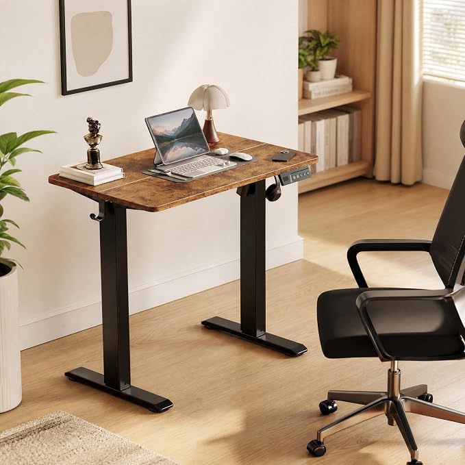Claiks Electric Small Standing Desk, 35x20 Inch, Rustic Brown | Adjustable height for sit-stand, 156lbs capacity, scratch-resistant surface, 3 memory presets, cable management & hook.