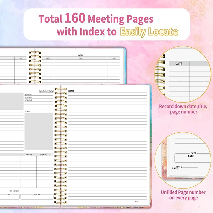 SUNEE Half Meeting Half Note - 7.5"x10" Professional Notebooks for Work - 160 Pages, B5 Size Project Planner, Spiral Meeting Agenda/Minutes Organizer for Women Men, Note Taking, Office & Business