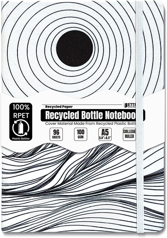 Better Office Products Recycled Plastic Bottle Notebook Journal, 8.3" x 5.8" (A5), 192 College Ruled Pages, Hardcover, Inner Pocket, Banded, Cover Made of Plastic Bottles (1, White)