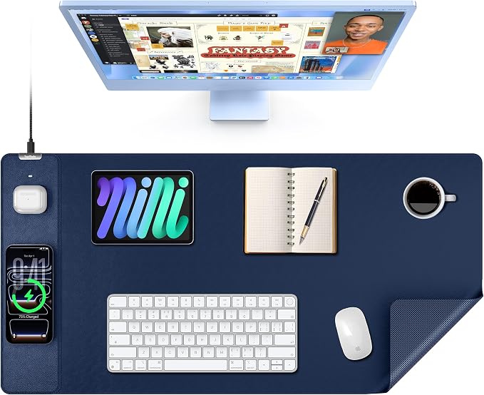 TopMade Mouse Pad with 15W Wireless Charging, XXL Large Leather Desk Mat, Waterproof Gaming Mousepad Home Office Desk Pad Protector, Computer Keyboard Pad, Mouse Mat for MacBook, PC, Laptop, Blue