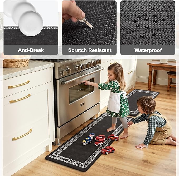 KIMODE Anti Fatigue Kitchen Mats 17"x47"+17"x29", Farmhouse Kitchen Rugs Sets of 2, Cushioned Non Skid Kitchen Mats for Floor, Comfort Kitchen Floor Mats for Sink Laundry Desk Black