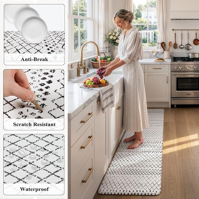 KIMODE Anti Fatigue Kitchen Mat for Floor, 20"x71" Farmhouse Kitchen Rug, Non Slip Waterproof Kitchen Floor Mat, Cushioned Standing Mat for Front of Sink Laundry Desk Bedroom Black and White