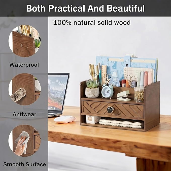 dreampossible Brown Wood Desk Organizer and Accessories with Drawer, Bill Mail Organizer and File Mail Holder for Office Supplies, Desk Accessories & Workspace Organizers