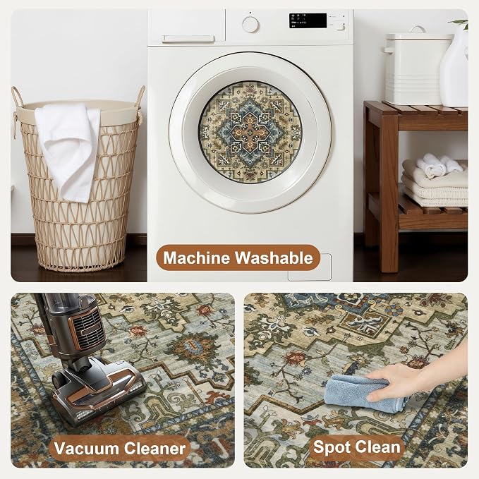 Tangsoo Vintage 3x5 Washable Rug Indoor Area Rugs, Farmhouse Non Slip Accent Rug Carpet, Oriental Boho Soft Low Pile Rugs for Living Room Dorm Bedroom Bedside Entryway Dining Room