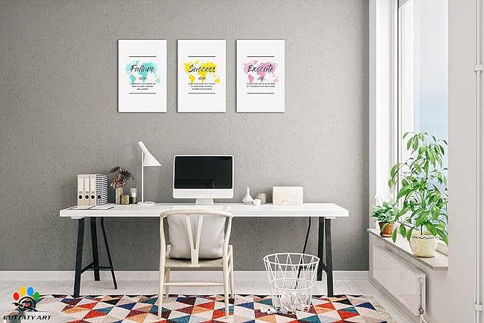 Inspirational Wall Art, Office Pictures for Wall Decor, Motivational Canvas Wall Art for Women, Failure - Success - Execute Quotes Color Map Poster Framed Artwork for Home Workplace Decor 16”x24”x3Pcs
